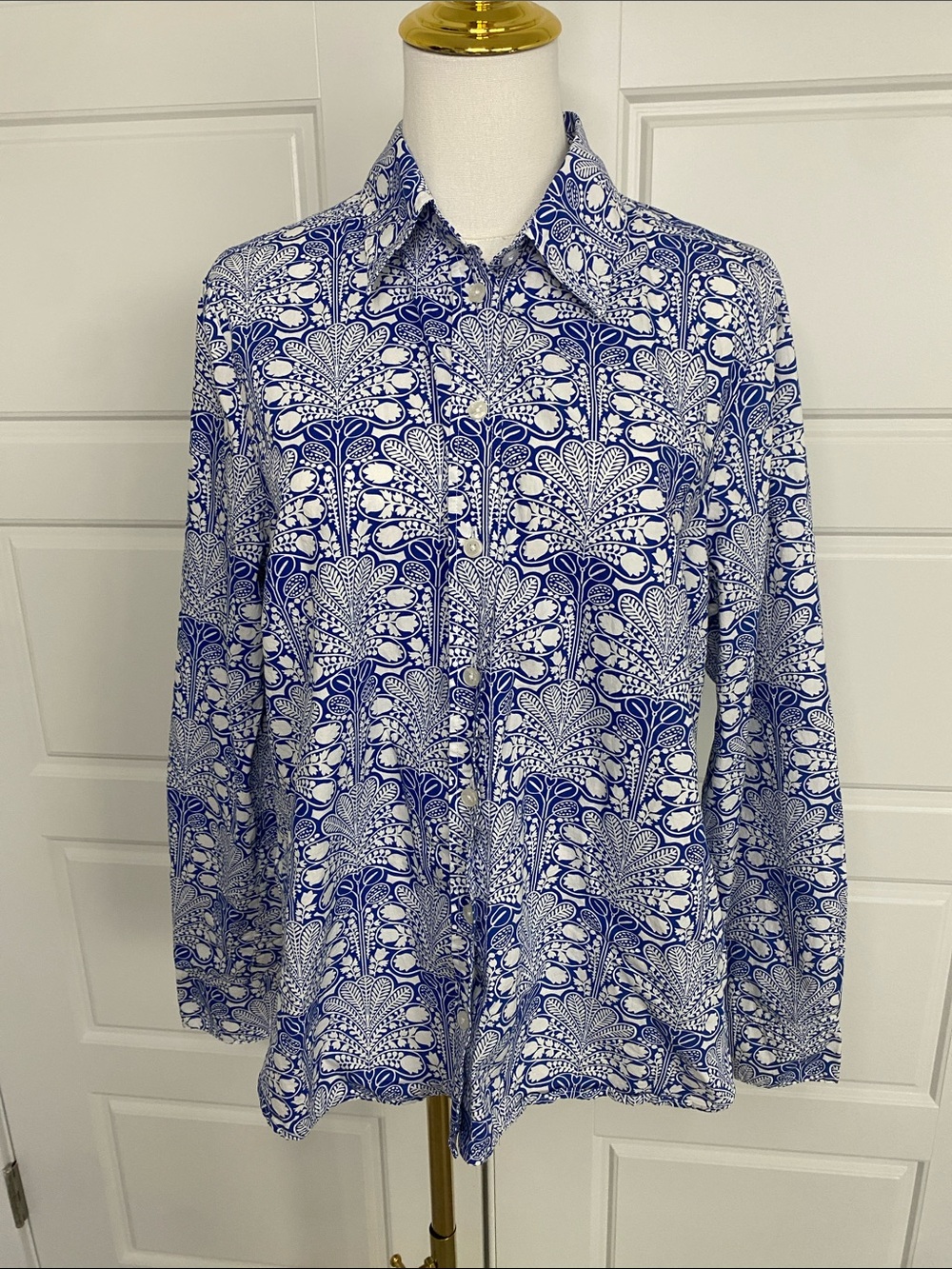 Boden Blue White Botanical Print Cotton Button Down Shirt 12R